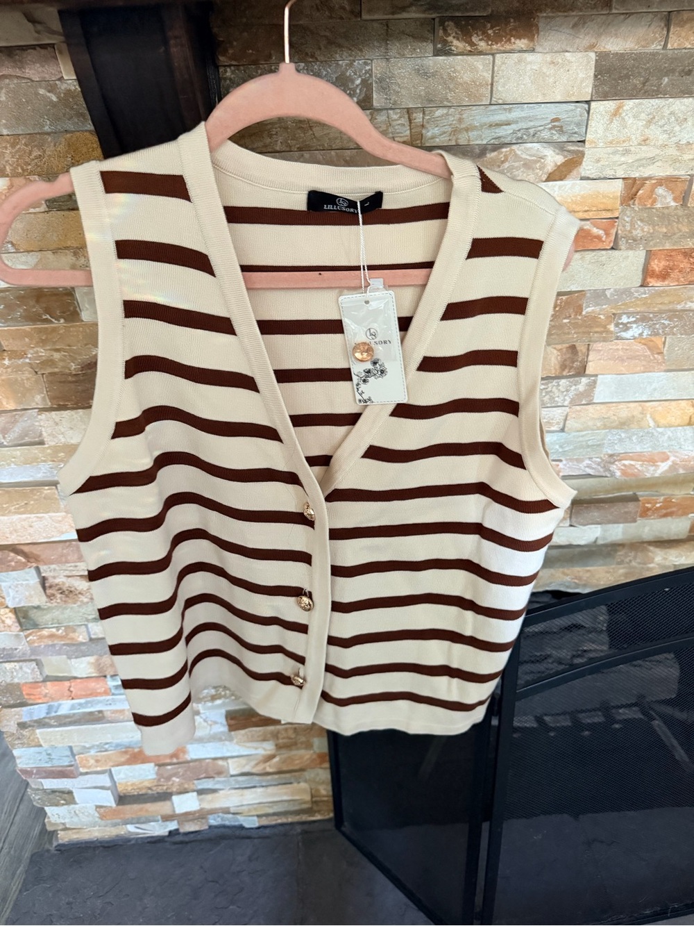 Striped Knit Button Vest - Cream & Brown